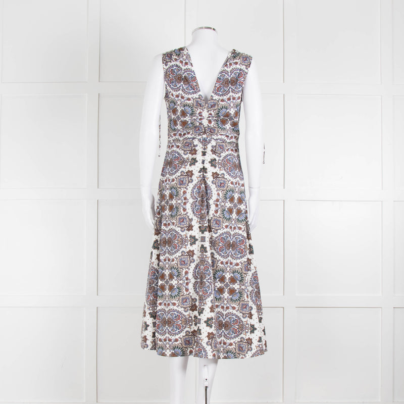 VERONICA BEARD White, Brown, Blue Pattern Cotton Sleeveless Dress