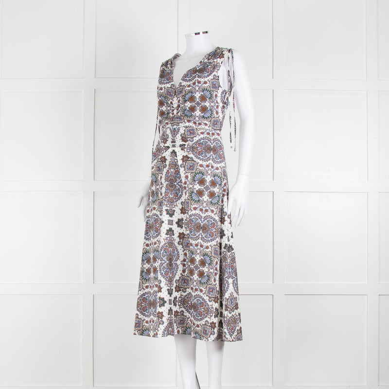 VERONICA BEARD White, Brown, Blue Pattern Cotton Sleeveless Dress