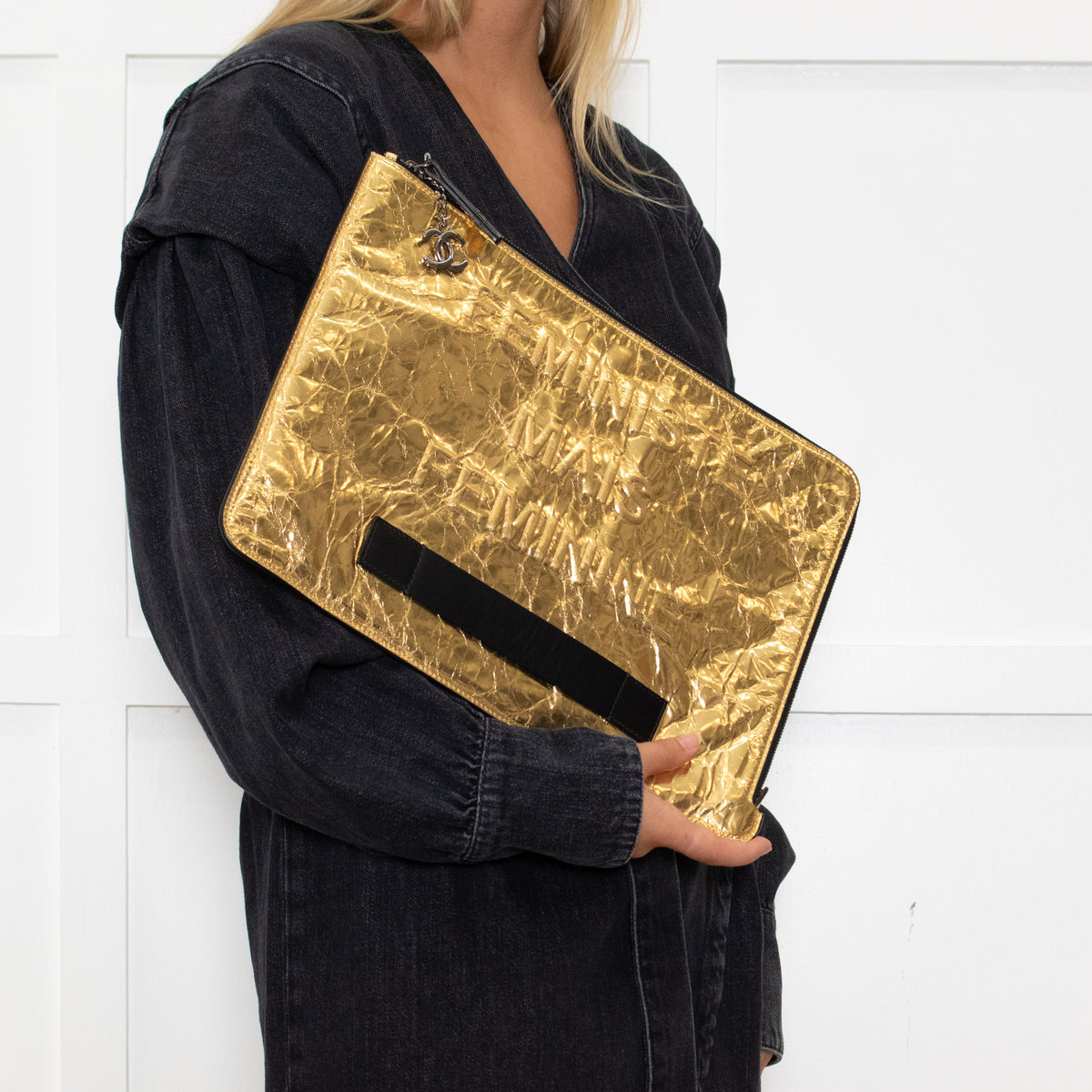 Chanel Gold Crinkle Large 'Femenine Mais Femeniste' Clutch