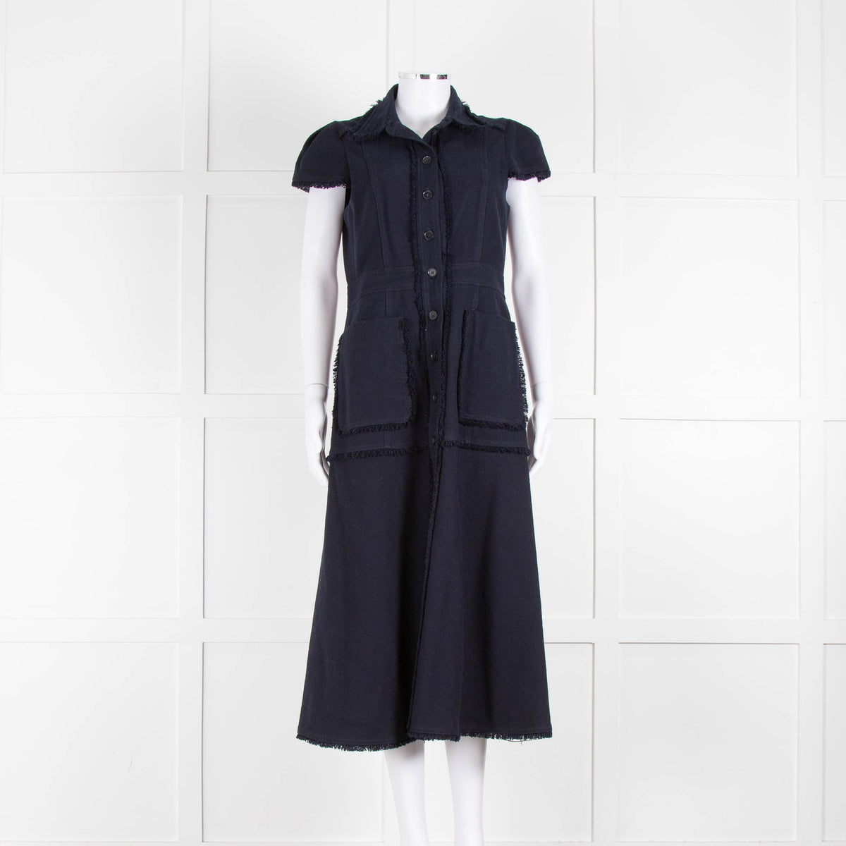 Me + Em Navy Cotton Dress Short Sleeve Dress With Frayed Trim