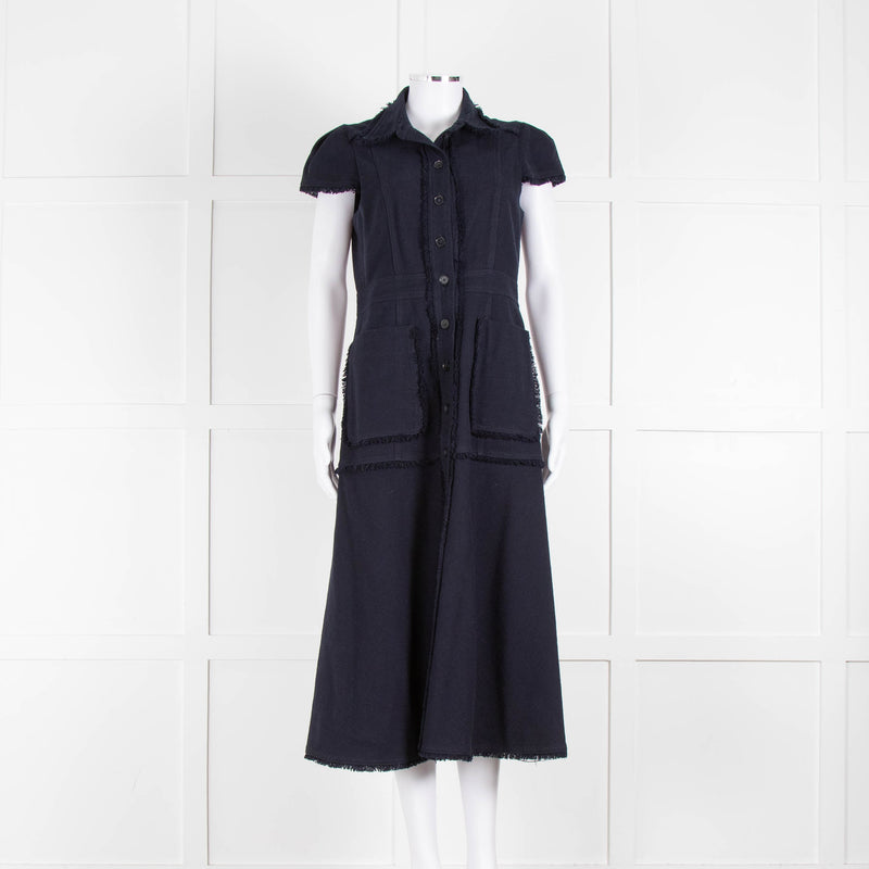 Me + Em Navy Cotton Dress Short Sleeve Dress With Frayed Trim