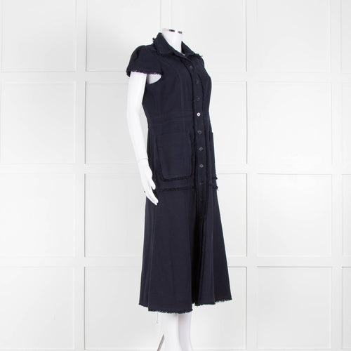 Me + Em Navy Cotton Dress Short Sleeve Dress With Frayed Trim