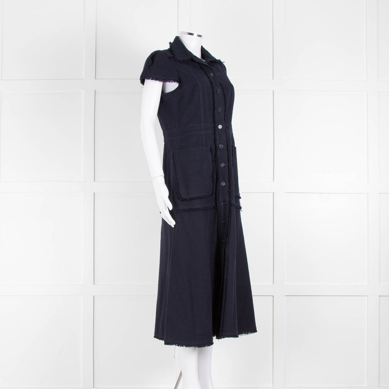 Me + Em Navy Cotton Dress Short Sleeve Dress With Frayed Trim