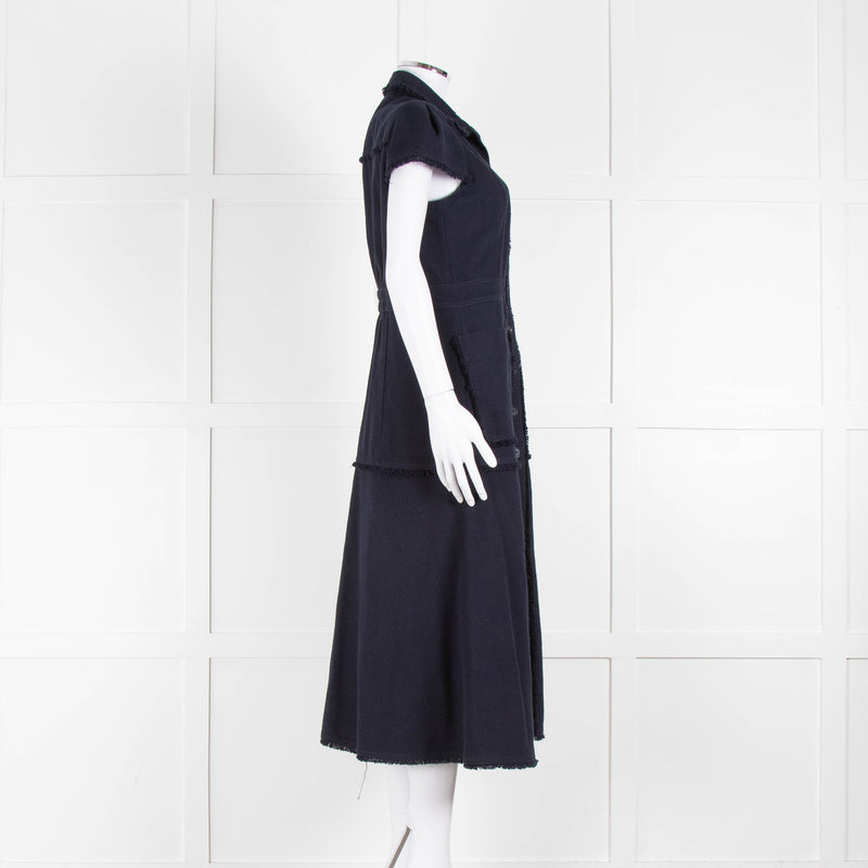 Me + Em Navy Cotton Dress Short Sleeve Dress With Frayed Trim