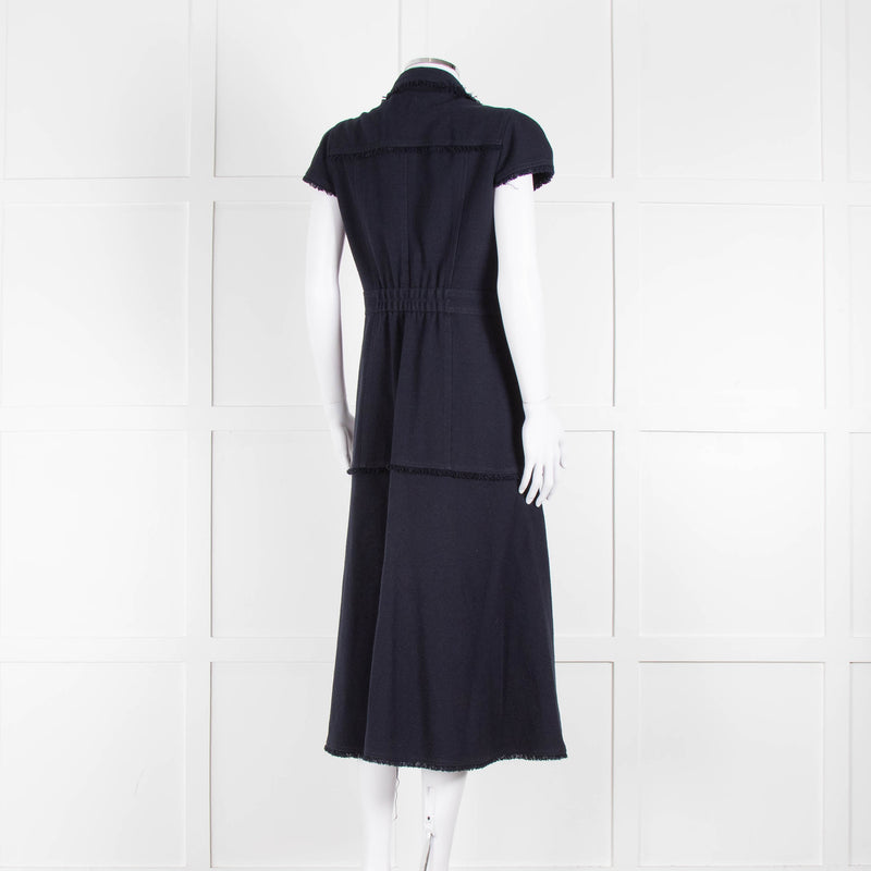 Me + Em Navy Cotton Dress Short Sleeve Dress With Frayed Trim