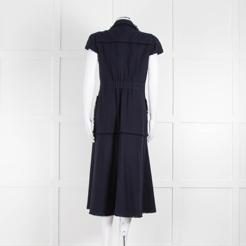 Me + Em Navy Cotton Dress Short Sleeve Dress With Frayed Trim