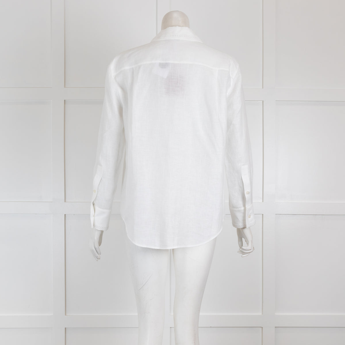 Loro Piana White Long Sleeved Blouse with Broderie Anglaise Collar & Hem