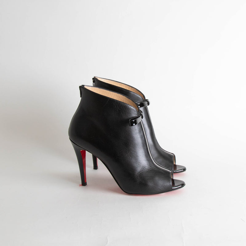 Christian Louboutin Black Leather Peep Toe Ankle Boots