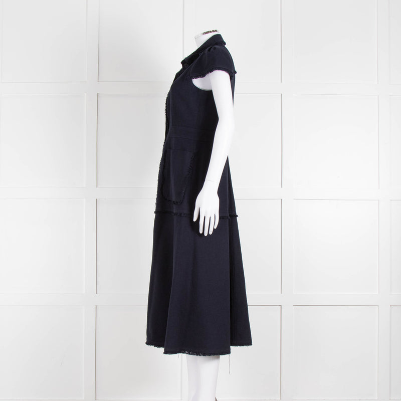 Me + Em Navy Cotton Dress Short Sleeve Dress With Frayed Trim