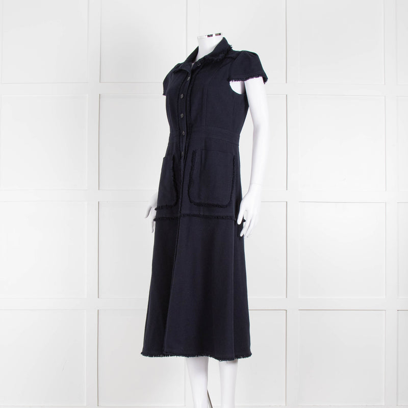 Me + Em Navy Cotton Dress Short Sleeve Dress With Frayed Trim