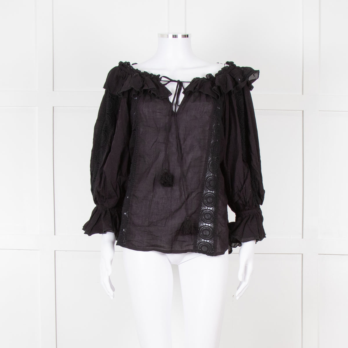 Pranella Black Cotton and Lace Frilled Blouse
