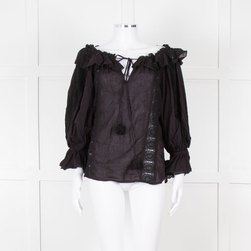 Pranella Black Cotton and Lace Frilled Blouse