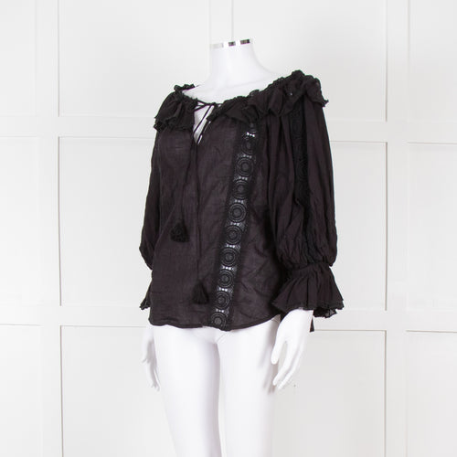 Pranella Black Cotton and Lace Frilled Blouse