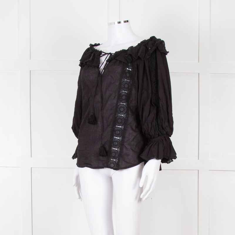 Pranella Black Cotton and Lace Frilled Blouse