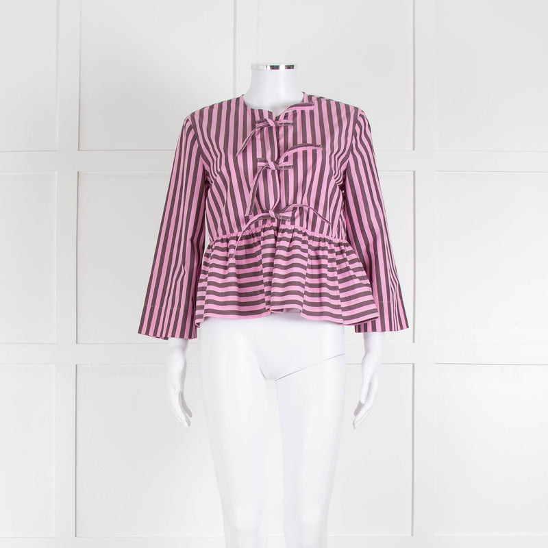 Ganni Pink and Brown Stripe Tie Front Blouse