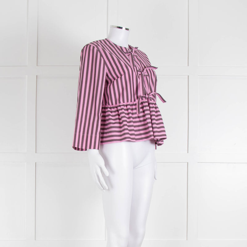 Ganni Pink and Brown Stripe Tie Front Blouse