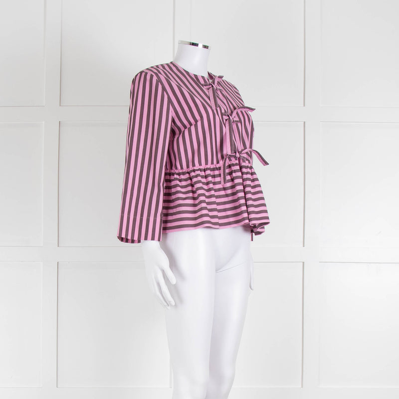 Ganni Pink and Brown Stripe Tie Front Blouse
