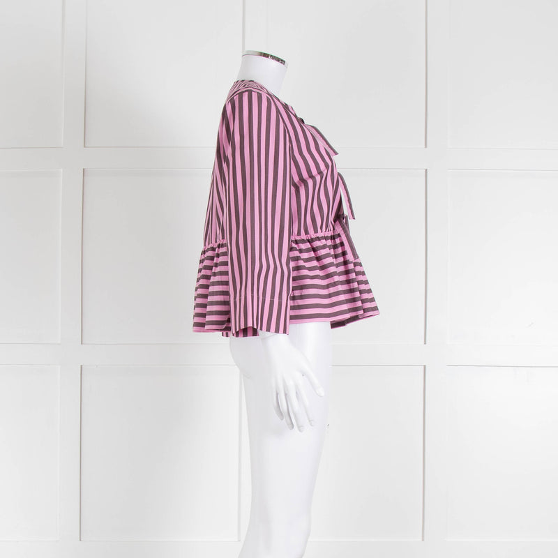 Ganni Pink and Brown Stripe Tie Front Blouse
