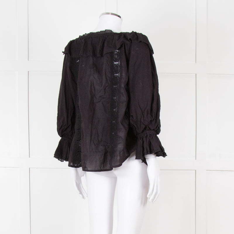 Pranella Black Cotton and Lace Frilled Blouse