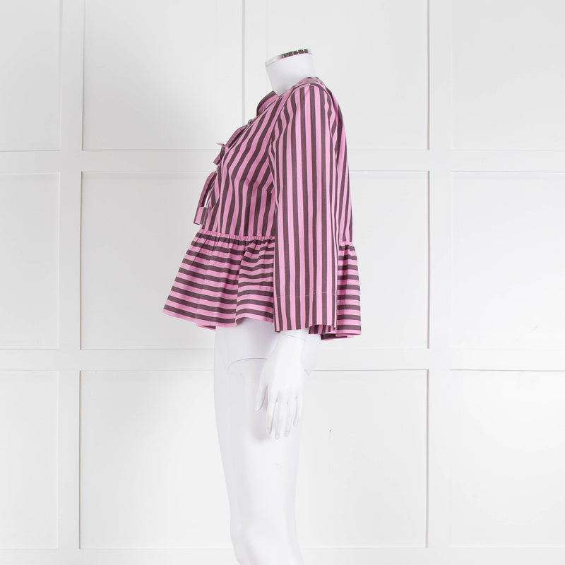 Ganni Pink and Brown Stripe Tie Front Blouse