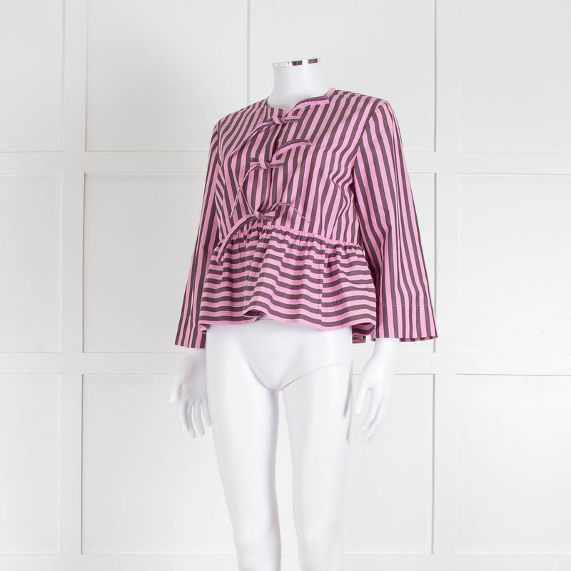 Ganni Pink and Brown Stripe Tie Front Blouse