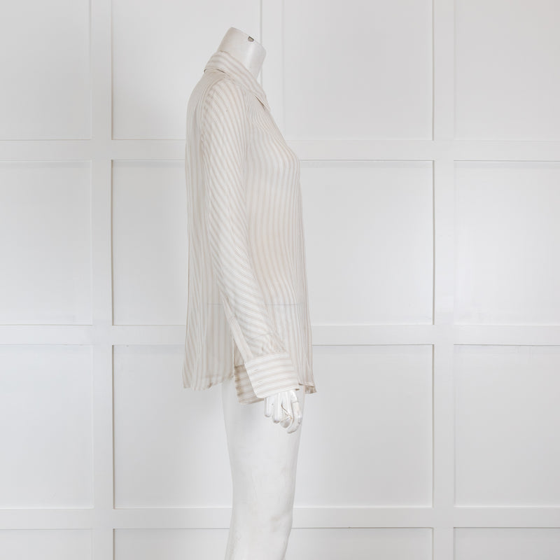 Loro Piana Beige Sheer Silk Blouse with White Stripes