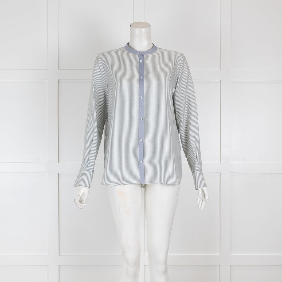 Loro Piana Blue & White Silk Blouse with Grandad Collar