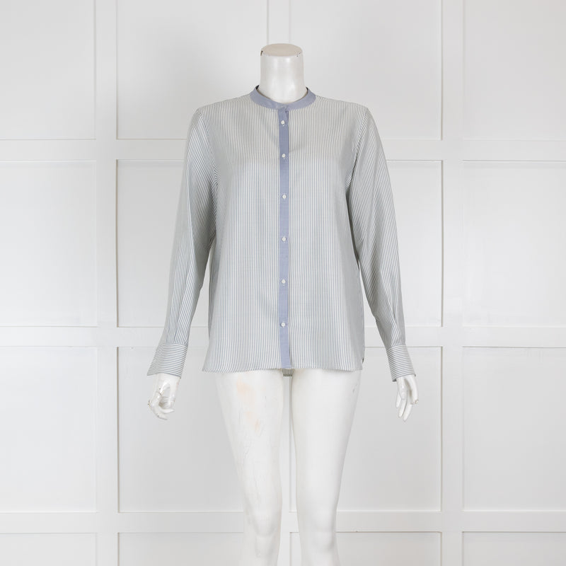 Loro Piana Blue & White Silk Blouse with Grandad Collar