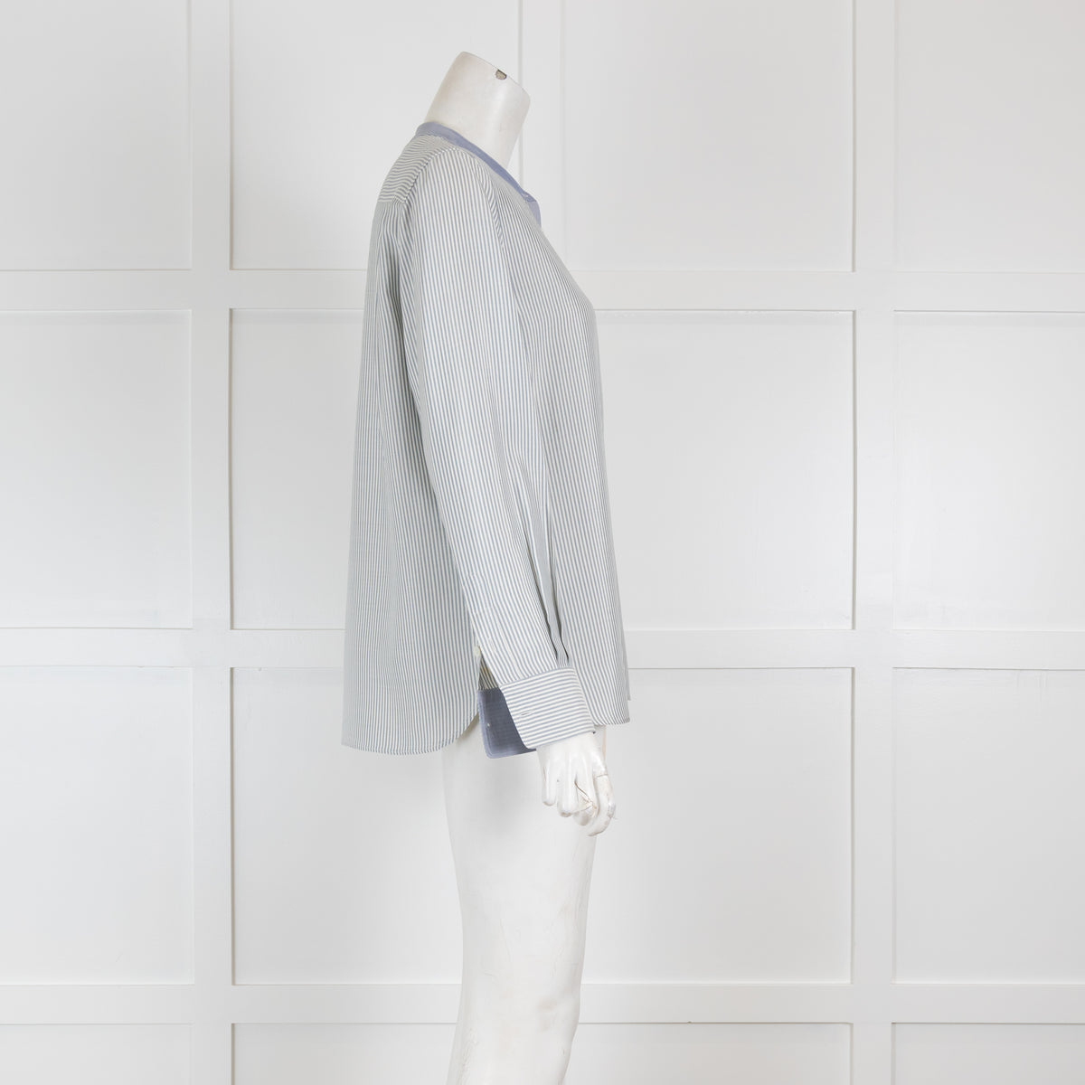 Loro Piana Blue & White Silk Blouse with Grandad Collar