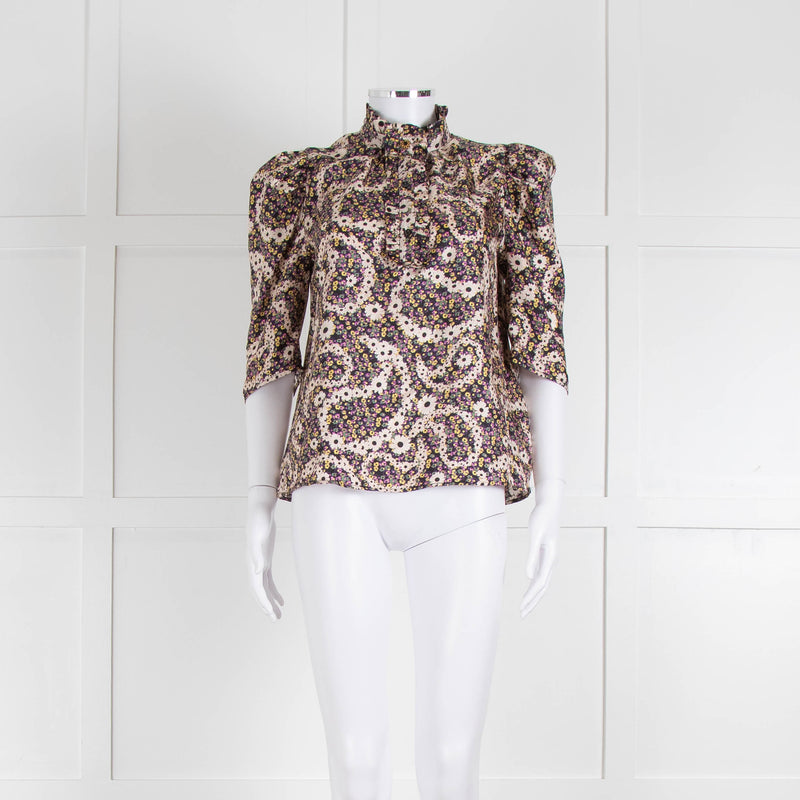 Sandro Silk Multicoloured Floral Top With Puffed Sleeves