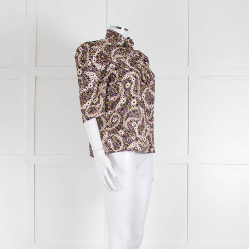 Sandro Silk Multicoloured Floral Top With Puffed Sleeves