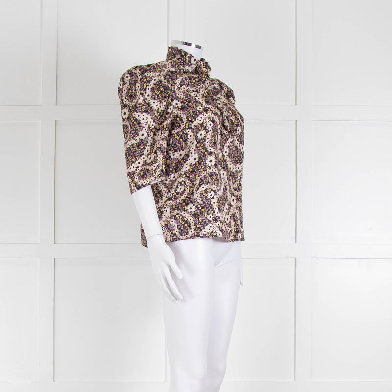 Sandro Silk Multicoloured Floral Top With Puffed Sleeves