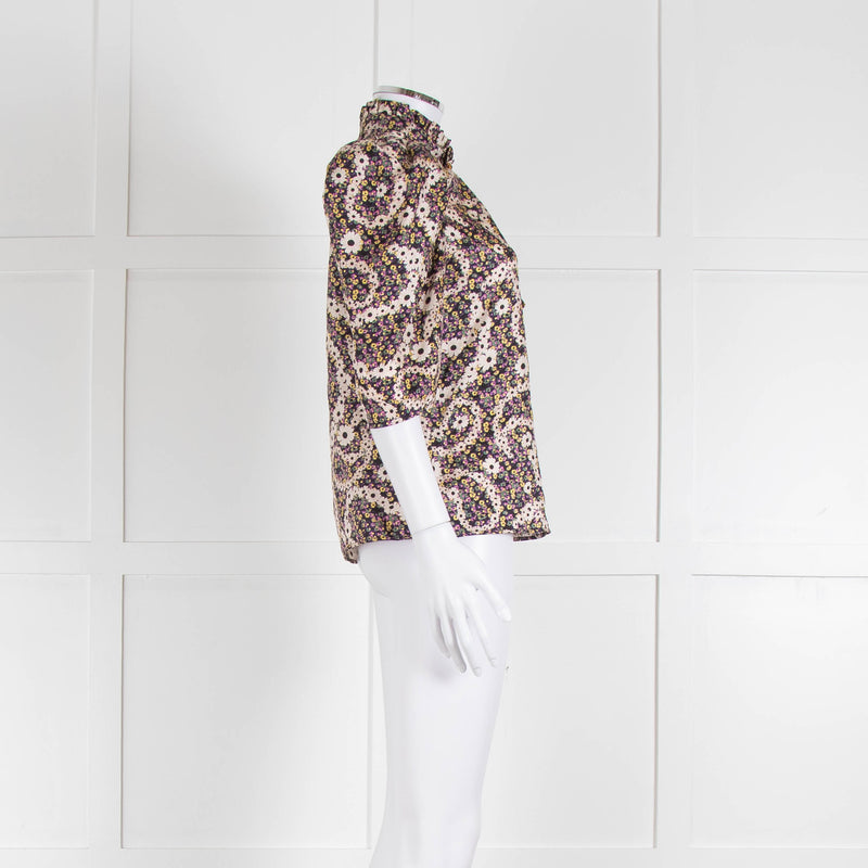 Sandro Silk Multicoloured Floral Top With Puffed Sleeves