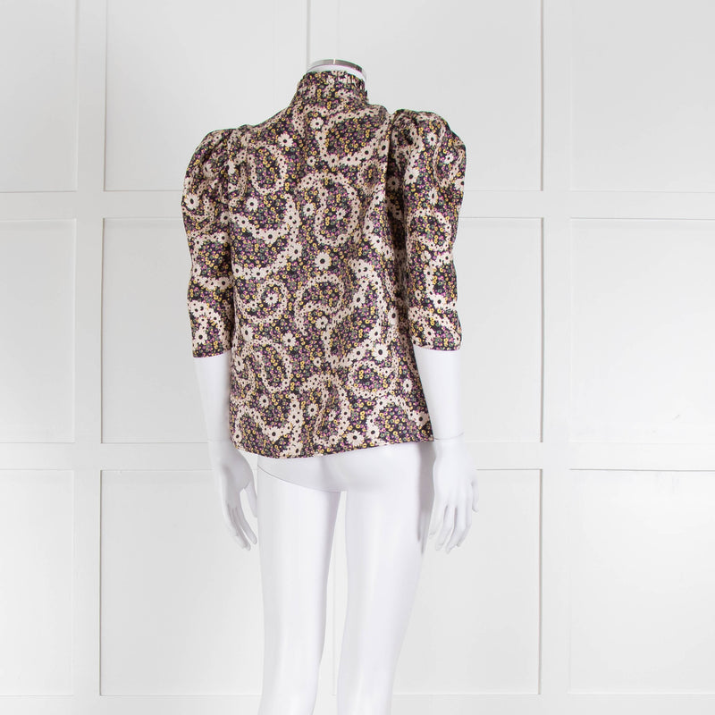 Sandro Silk Multicoloured Floral Top With Puffed Sleeves