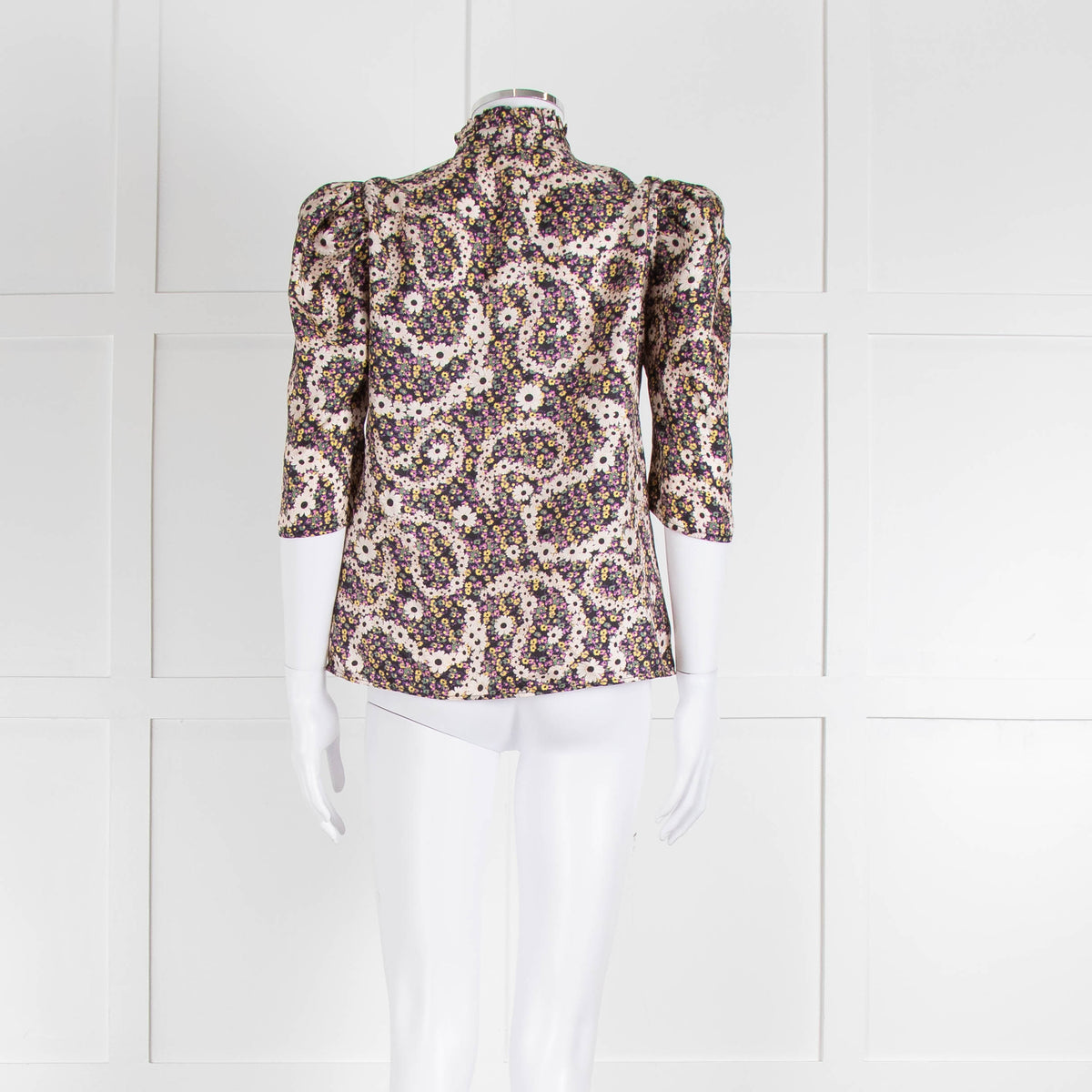 Sandro Silk Multicoloured Floral Top With Puffed Sleeves