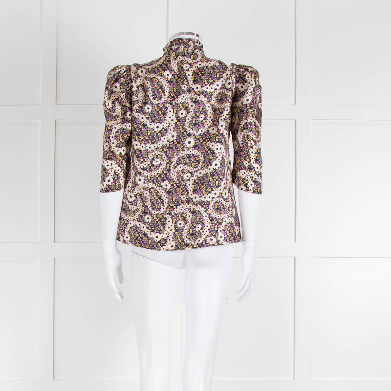 Sandro Silk Multicoloured Floral Top With Puffed Sleeves