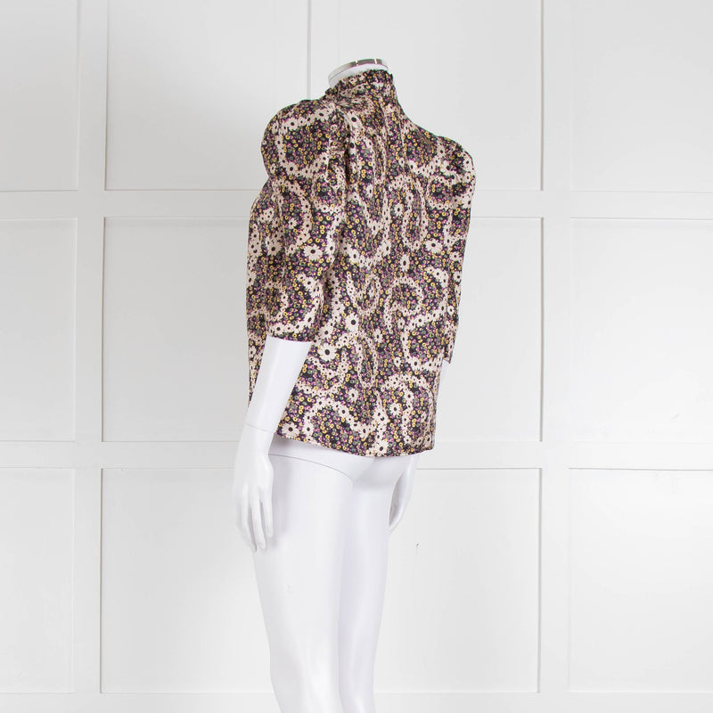 Sandro Silk Multicoloured Floral Top With Puffed Sleeves