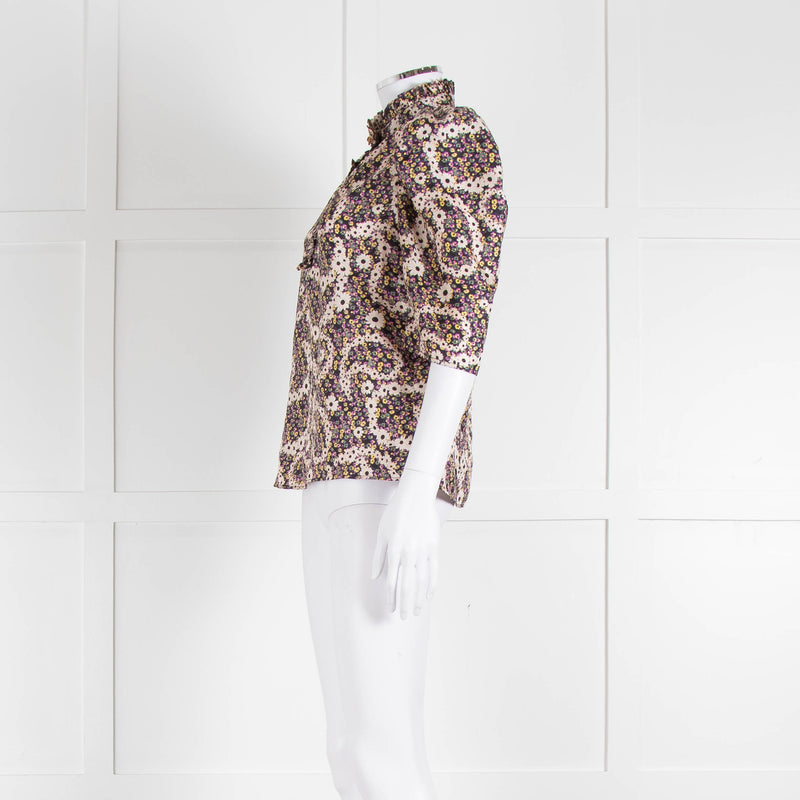 Sandro Silk Multicoloured Floral Top With Puffed Sleeves