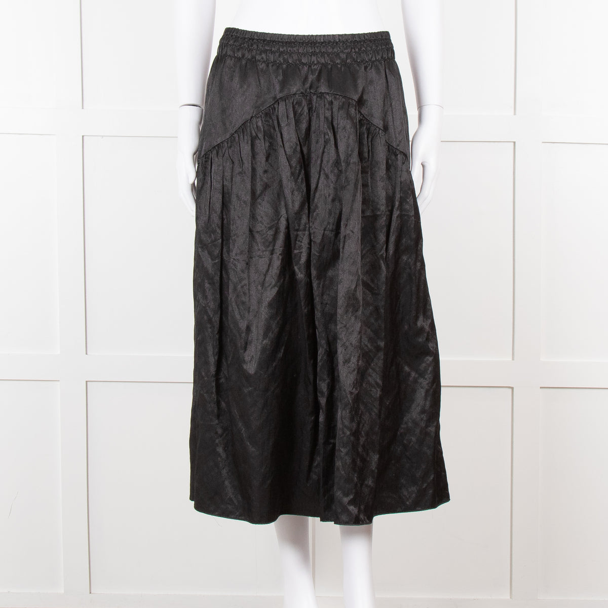 Vince Black Satin Smock Waist Midi Skirt