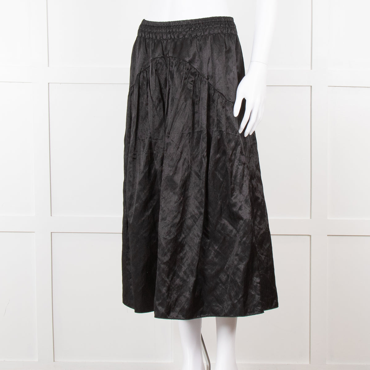 Vince Black Satin Smock Waist Midi Skirt