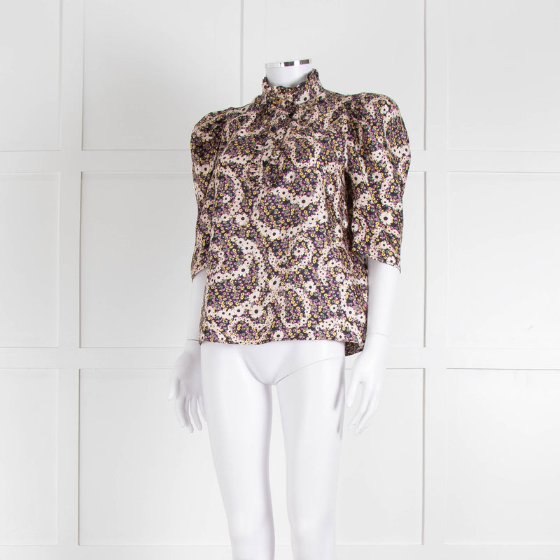 Sandro Silk Multicoloured Floral Top With Puffed Sleeves