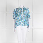 Me + Em Blue And Green Floral Silk Mix Top With Lace Trim