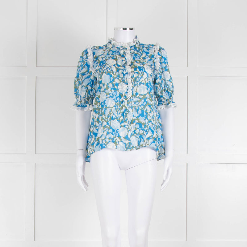 Me + Em Blue And Green Floral Silk Mix Top With Lace Trim