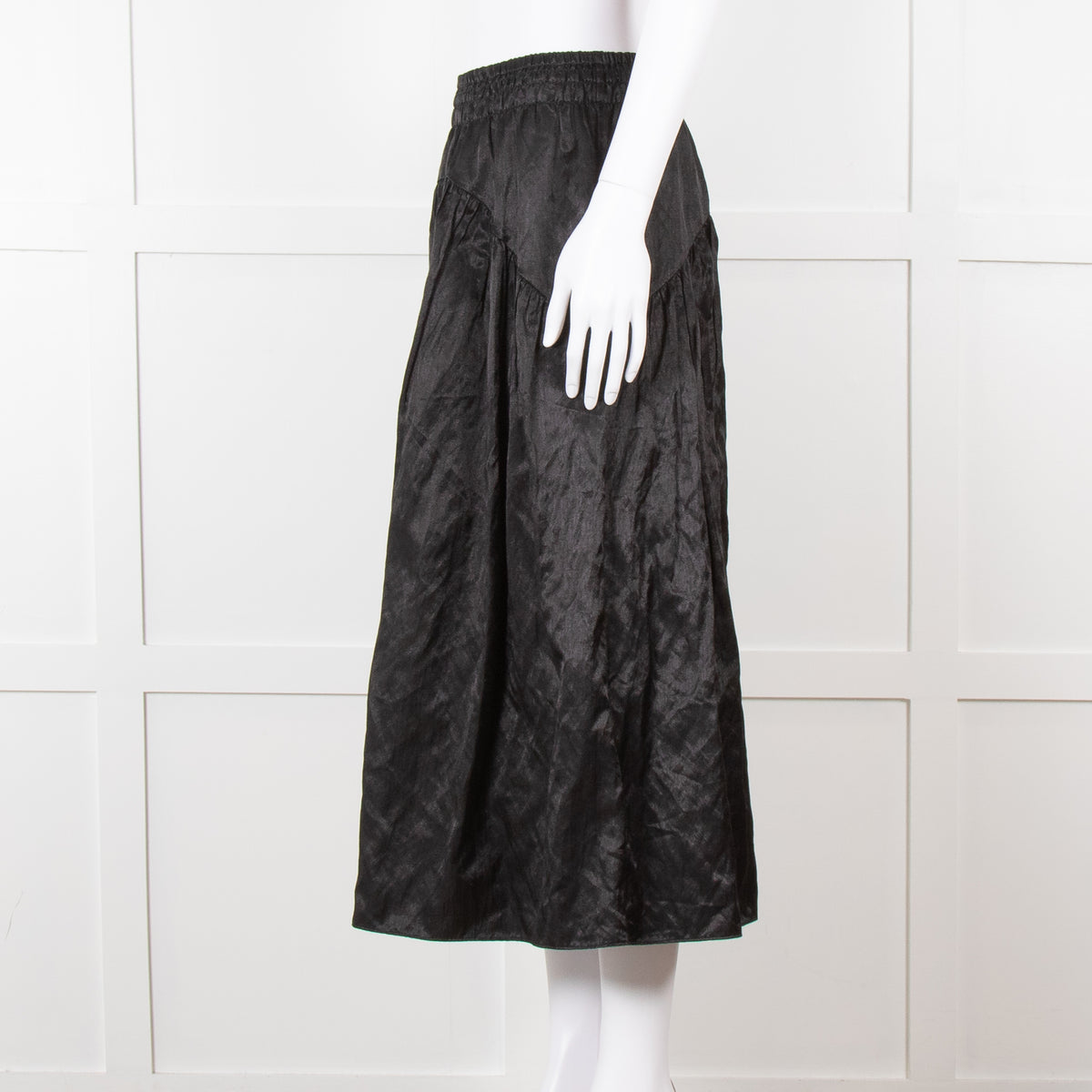 Vince Black Satin Smock Waist Midi Skirt