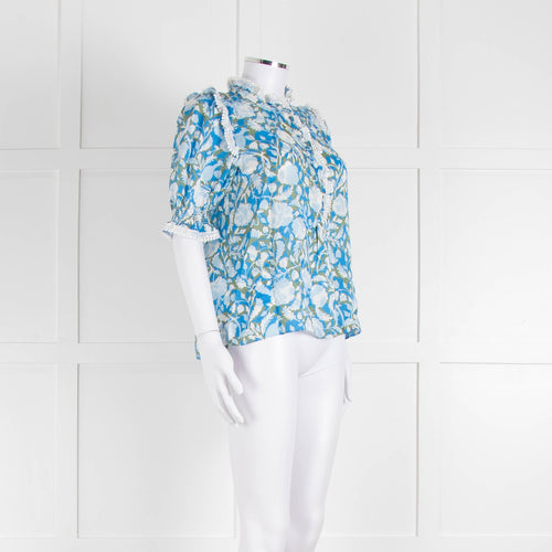 Me + Em Blue And Green Floral Silk Mix Top With Lace Trim
