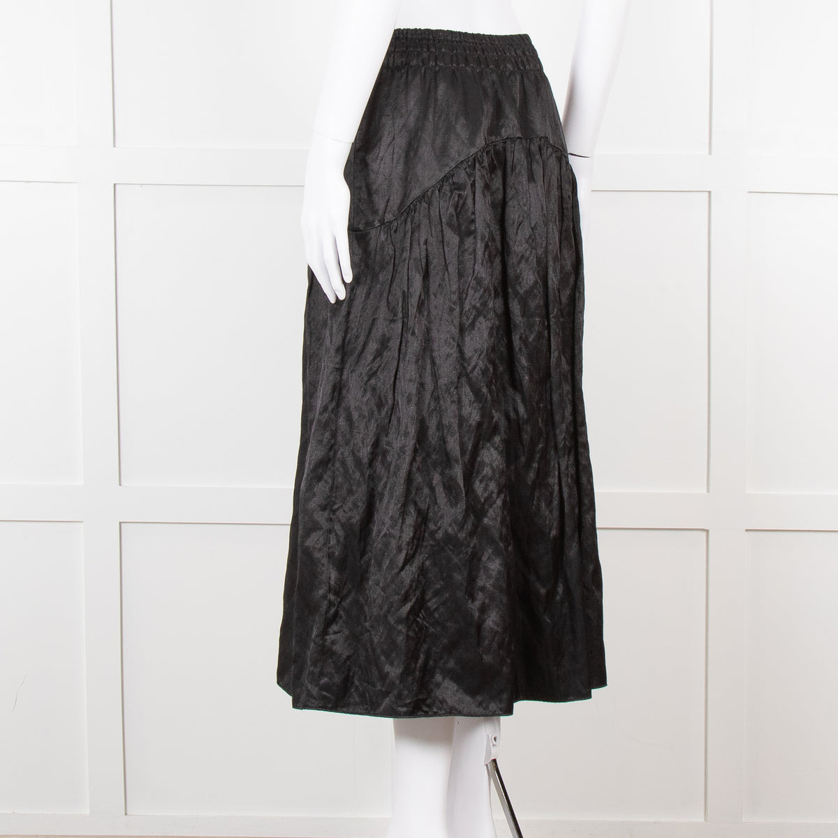 Vince Black Satin Smock Waist Midi Skirt