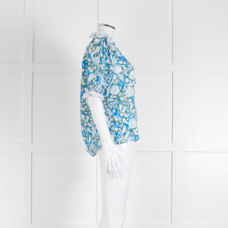 Me + Em Blue And Green Floral Silk Mix Top With Lace Trim