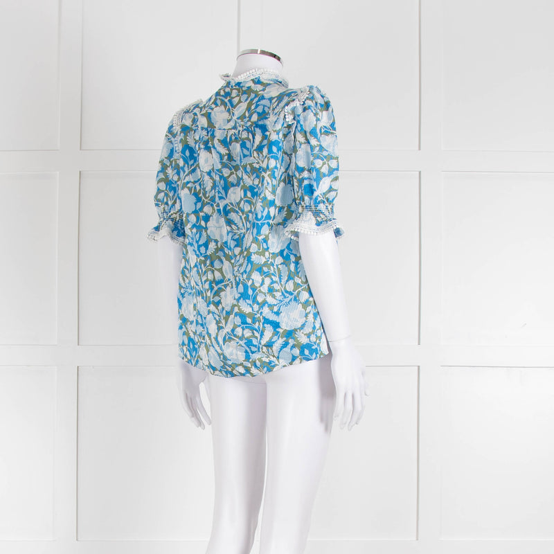 Me + Em Blue And Green Floral Silk Mix Top With Lace Trim