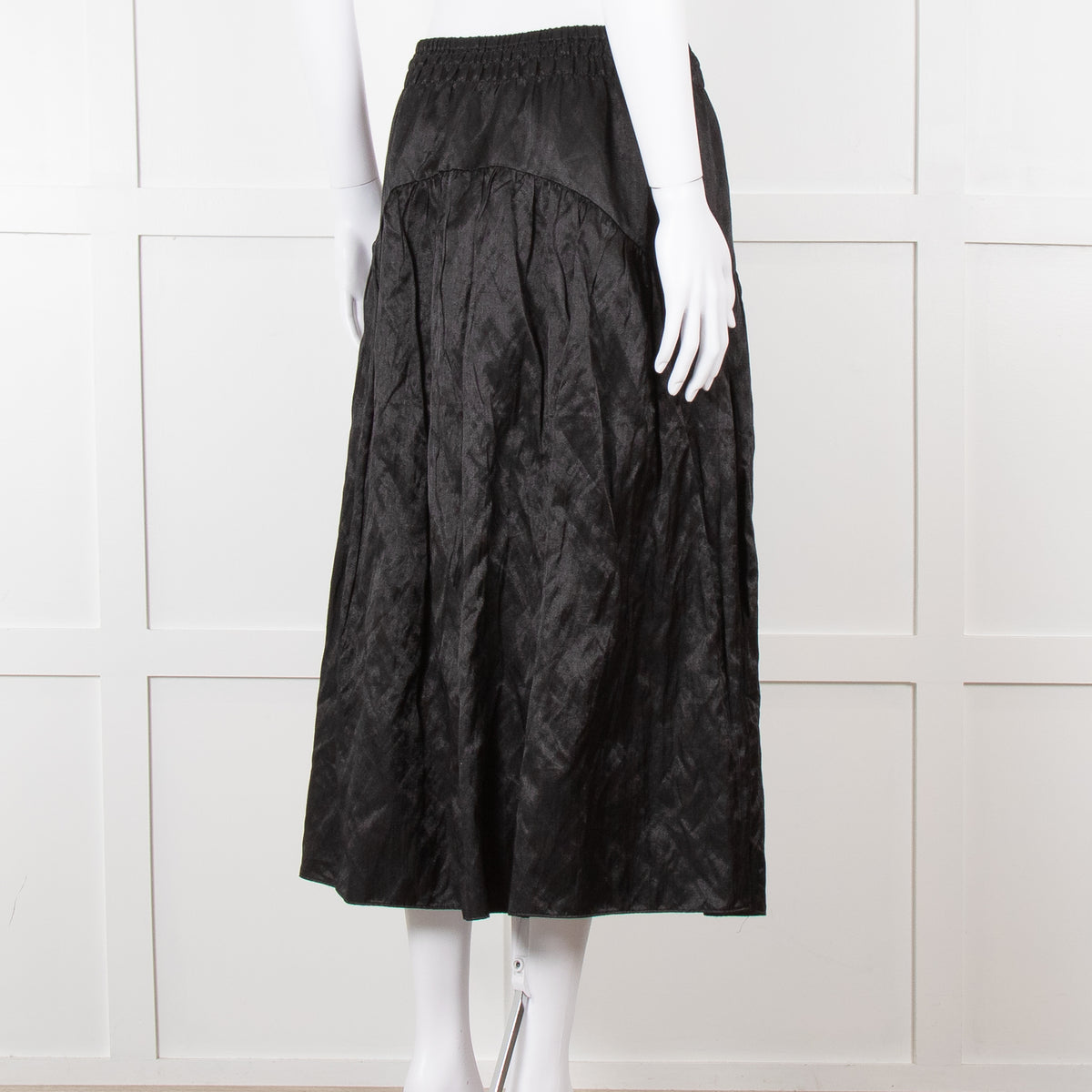 Vince Black Satin Smock Waist Midi Skirt