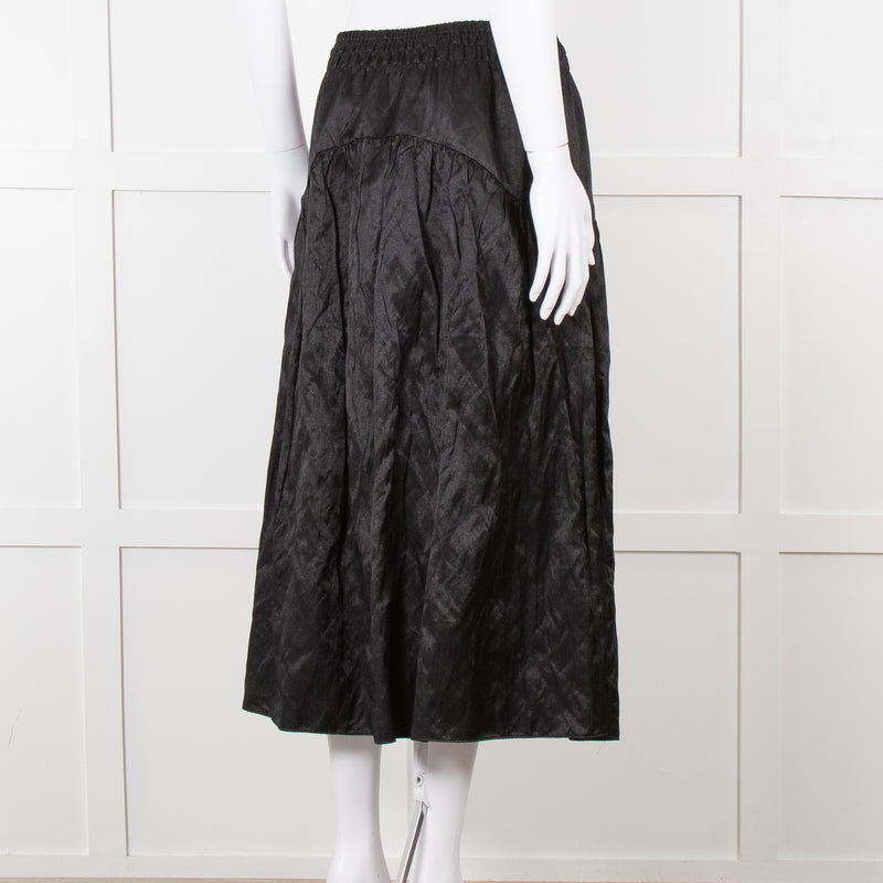 Vince Black Satin Smock Waist Midi Skirt